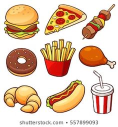 various fast food items on a white background