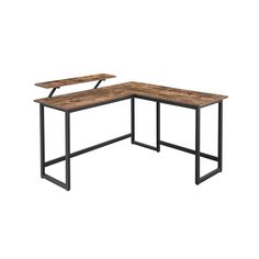 two wooden tables with metal legs and one is shaped to look like a corner desk