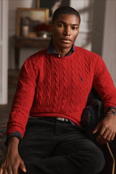 Black Men Winter Fashion, Holiday Outfit Winter, Polo Sweater Outfit, Nyc Mens Fashion, Winter Fashion Nyc, Red Sweater Outfit, Christmas Outfit Men, Red Cable Knit Sweater