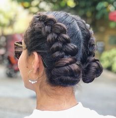 Double Dutch Braids into Buns Double Dutch Braid Updo, Two French Braids With Buns At End, Double Hair Braids, Braids In To A Bun, Dutch Braid Hairstyles For Softball, French Braids To Buns, Two Braids Updo, Two Braids Long Hair, Gymnastics Braided Hairstyles