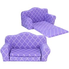 two purple chairs sitting next to each other on top of a white background with the same pattern