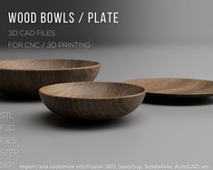 three wooden bowls / plates for cnc / 3d printing, designed to resemble wood