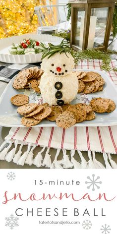 a snowman cheese ball on a plate with crackers and christmas lights in the background