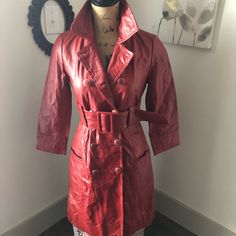 Total Carmen San Diego Coat! Haha Great Length Button Up 3/4 Sleeves Never Worn But Has Been Hanging In The Closet For A While. Pockets And Comes With Thick Belt! Red Fitted Outerwear With Snap Buttons, Fitted Red Outerwear With Snap Buttons, Carmen San Diego, Thick Belt, Carmen Sandiego, In The Closet, Great Lengths, The Closet, Lady In Red