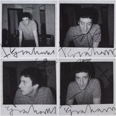 four black and white photos of young men with autographs on them, each showing the same man's face