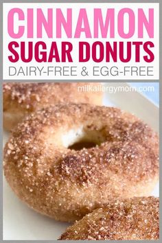 two sugar donuts on a white plate with text overlay that reads cinnamon sugar donuts dairy - free and egg - free