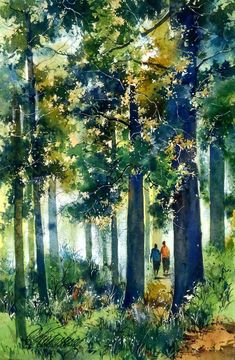 watercolor painting of two people walking in the woods