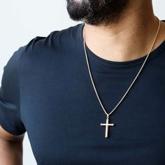 "Mens Cross, Large Cross Necklace, Boys Cross Necklace, Cross Jewelry, Confirmation Cross, Gold Cross Necklace Men, Men's Cross, Baptism Cross Necklace, Christian Gift Material: 14K Gold Hollow Chain Width: 2MM Available Lengths: 20\", 22\", 24\" -Approximate Gram Weights- 20\": 6.8 gram 22\": 7.5 gram 24\": 8.2 gram -Pendant Dimensions- Height: 40mm Width: 25mm Weight: 2.5 gram CHAINZ offers the highest quality 14K gold jewelry for men at the best prices. Contact us on Etsy Convo for custom siz Gold Cross Necklace For Father's Day, Gold Cross Necklace Men, Boys Cross Necklace, Gold Jewelry For Men, Necklace Boys, Cross Necklace Mens, Large Cross Necklace, Cross Necklace Men, Funky Purses