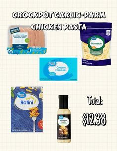 the ingredients for chicken pasta are shown in this advertise with text that reads, crockpot garlic - parm chicken pasta total $ 22 28