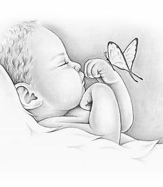 a drawing of a baby sleeping with a butterfly on its nose