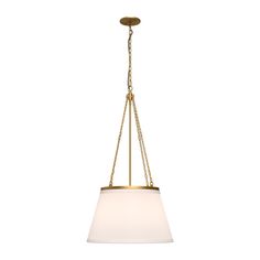 a light fixture with a white shade hanging from it's end and a gold chain