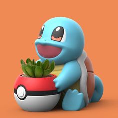 a cartoon character is holding a potted plant in front of an orange background,