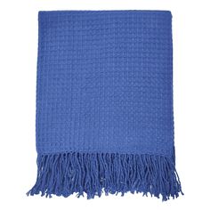 a blue blanket with fringes on it