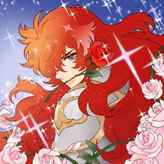 an anime character with long red hair holding flowers