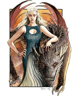 a drawing of a woman standing next to a dragon with her hands on her hips