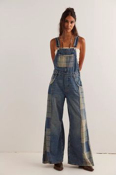 We The Free Drifter Patched Overalls | Free People Overalls With Embroidery, Overalls Free People, Diy Denim Overalls, Bellbottom Overalls, Free People Inspired Outfits, Bree Fit, Painter Clothes, Upcycled Overalls, Patched Overalls