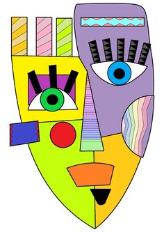 a colorful mask with an eye on it's face and two different colored shapes