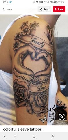 a woman with a tattoo on her arm holding a heart and two hands in the middle