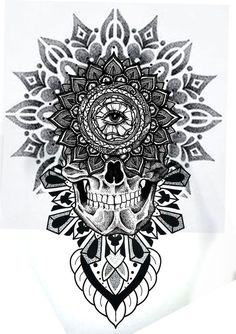 a black and white drawing of a skull with flowers on it's head is shown