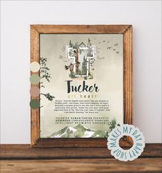 a wooden frame with an image of a bird and the words tucker all heart on it