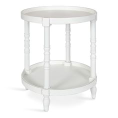 a white round table with two legs and a shelf on one side that holds a glass top