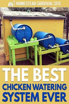 the best chicken watering system ever is on display in front of a yellow box