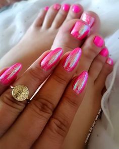 Hot Pink And Turquoise Nails, Turquoise And Pink Nails, Neon Pink Nails, Emerald Nails, Pink Glitter Nails, Hot Pink Nails, Pink French, Unique Acrylic Nails, Pink Nail Designs