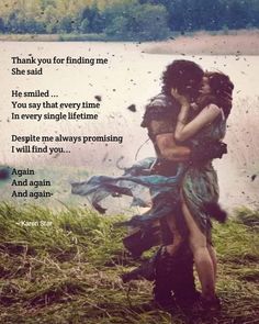 a man and woman embracing each other in front of a lake with words written below