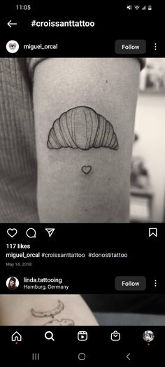 a person with a tattoo on their arm and an image of a croissantttoo