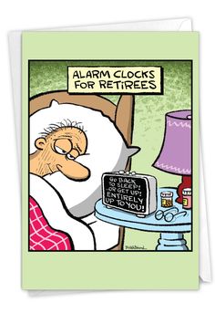 an older man is sleeping in his bed with the alarm clock on it's side