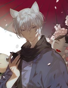 an anime character with white hair and cat ears, holding a baby in his arms