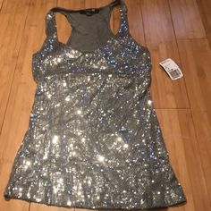 Sequins On Front, Solid Gray Back Forever 21 Tank Top For Night Out In Spring, Forever 21 Fitted Sequin Tops, Fitted Sequin Tops From Forever 21, Forever 21 Casual Tank Top For Party, Forever 21 Glamorous Fitted Tops, Glamorous Fitted Tops From Forever 21, Glamorous Fitted Forever 21 Tops, Sequin Tank, Forever 21 Tops