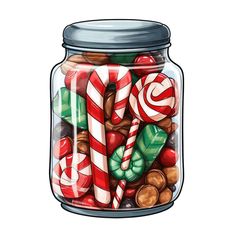 a jar filled with candy canes and candies on top of a white background