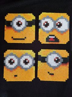 four minion coasters made out of perler beads