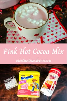 pink hot cocoa mix in a cup with marshmallows and candy on the side