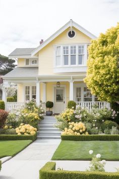 a yellow house with white trim and flowers in the front yard