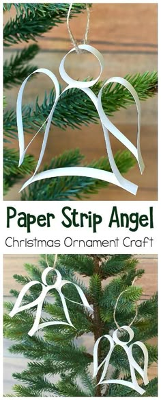 paper strip angel ornament hanging from a christmas tree with text overlay that reads paper strip angel christmas ornament craft