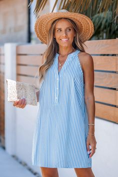 Looking for a fresh summer look? The Blue Striped Sleeveless Mini Dress offers a vibrant stripe pattern and a cool, breezy fit. Perfect for keeping things casual and stylish on warm days. Product code: CAA05B4H023TC Features:  Woven Split round neckline Sleeveless Partial front buttons Mini Pattern: Stripes Material: 50%POLYESTER,50%COTTON. Casual Striped V-neck Sleeveless Dress, Blue Sleeveless Sundress For Summer Outings, Summer Sleeveless Striped Dress For Vacation, Striped Sleeveless Summer Dress For Vacation, Striped V-neck Summer Sundress, Casual Sleeveless Sundress For Summer, Casual Sleeveless Sundress For Summer Outings, Casual Striped Sleeveless Dress For Vacation, Striped Sleeveless Vacation Dresses