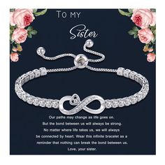 a bracelet with the words to my sister on it and an image of roses in the background