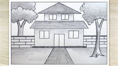 a drawing of a house with trees in the front yard and sidewalk leading to it