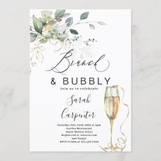 the bridal and bubbly wedding card is shown on a white background with greenery