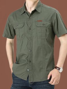 Men's Work Shirt Button Up Shirt Summer Shirt Casual Shirt Black Red Green Khaki Army Green Short Sleeve Plain Lapel Outdoor Work Pocket Clothing Apparel Stylish Business Comfort Leisure Casual Collar Short Sleeve Shirt With Pockets, Solid Collared Shirt For Outdoor, Collared Solid Shirt For Outdoor, Khaki Outdoor Shirt With Button Closure, Solid Outdoor Shirt With Buttons, Solid Buttoned Shirt For Outdoor, Military Short Sleeve Outdoor Shirt, Military Style Short Sleeve Outdoor Shirt, Military Short Sleeve Shirt For Outdoor