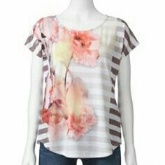 I know I said NO horizontal stripes,  but the fact that the stripe is broken up by a floral print actually makes this work Tie Dye Top, Floral Watercolor, Polyester Spandex, Peplum Top, Womens Tees, Winter Outfits, Tunic Tops