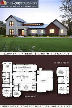 two story house plan with 3 bedroom and 2 bathrooms in the front, second floor