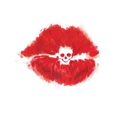 a red lip with a skull on it's lips is shown in this artistic painting