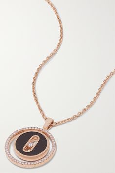 Messika's 'Lucky Move' necklace is named after the free-moving diamond nestled in the center. Crafted from 18-karat rose gold, it's strikingly offset with black onyx and has a sparkling halo of pavé stones.   Each Messika piece comes with a two-year warranty, which is activated 28 days after purchase. To receive an additional year's warranty, register your piece on Messika's website. Pearl And Diamond Necklace, Black Onyx Necklace, Onyx Necklace, 28 Days, Rose Gold Jewelry, Rose Gold Necklace, Fine Jewellery Necklace, Black Onyx, Jewellery And Watches