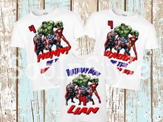 two t - shirts with the hulk and iron man on them, both printed in different colors