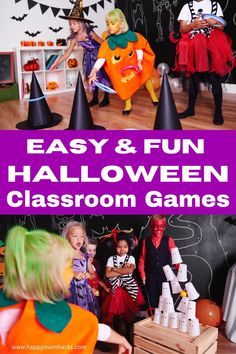 kids in halloween costumes are playing with games