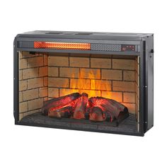 an electric fireplace with logs burning in it