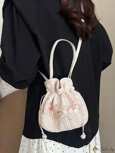 Bird in Bag - Elegant Floral Woven Bridal Handbag with Lace Embroidery Embroidered Beige Shoulder Bag For School, Beige Embroidered Shoulder Bag For School, Embroidered Satchel Shoulder Bag For School, Embroidered Cream Shoulder Bag For Summer, Pink Embroidered Handheld Bag, Embroidered Bucket Shoulder Bag For Travel, Embroidered Shoulder Bucket Bag For Travel, Embroidered White Shoulder Bag For Vacation, Beige Embroidered Straw Bag For Everyday Use